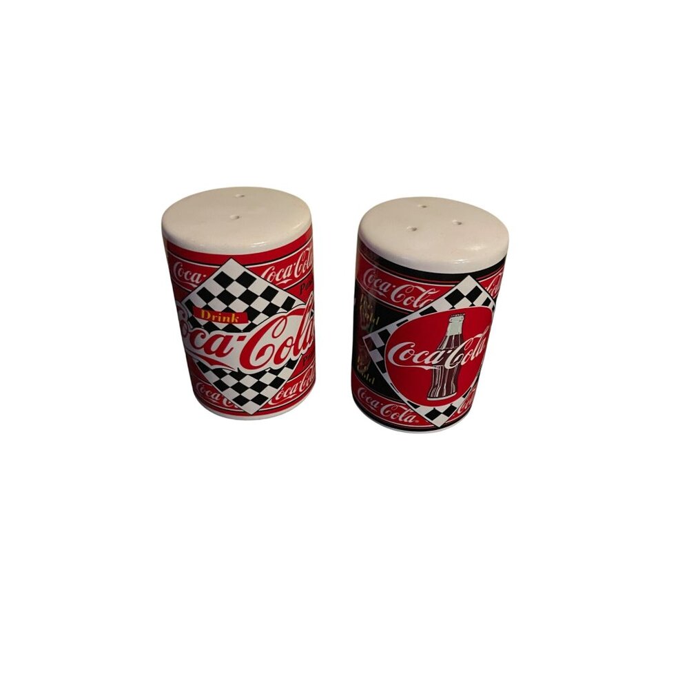 Coca-Cola Salt & Pepper Shaker Set Classic Racing Design Checkerboard Pattern - Picture 7 of 11